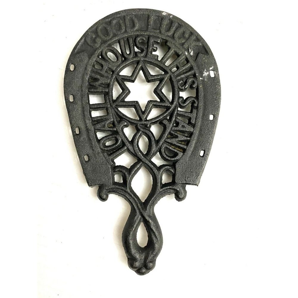 Good Luck To All Who Use This Stand Cast Iron Trivet Horseshoe 3 Footed Antique